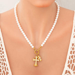 <b>Cross</b> Pendant Pearl Necklace 18K Gold Plated Pave Setting Clavicle <b>Chain</b> For Gift - Product Image 1