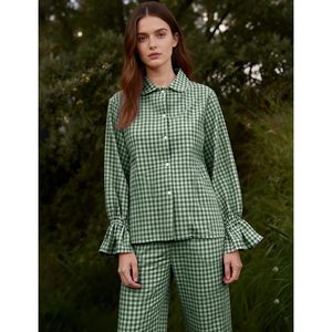 Womens Plaid Pajamas Set Cotton <b>Long</b> Sleeve Ruffle Pants <b>Matching</b> Lounge Wear Sleepwear - Product Image 2
