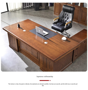 Conjunto de Escritorio Ejecutivo Clásico de Madera con Silla, Mesa de Jefe en Forma de L y Librero - Product Image 3