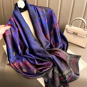 Fashion Ladies Purple Hook Floral Printed Silk Hijab Scarves Women Luxury Designer Golden Leopard Print Silk Head Scarf Shawls
