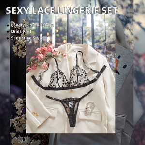 Conjunto de lencería sexy de encaje floral con lazo, push-up, transpirable, con aros, que incluye sujetador y bragas tipo tanga para el verano. - Product Image 2