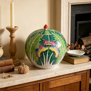 Pot en céramique émaillé peint à la main avec couvercle, motif <span class=keywords><strong>chou</strong></span> bok choy, H24cm D24cm 1300 ℃   Décoration de cuisine et rangement de style Chinoiserie rustique, cuite à haute température - Product Image 1