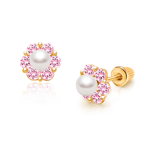 Çiçek 18K altın kaplama beyaz inciler damga 925 ayar gümüş çocuklar için güvenli vida geri küpe - Product Image 2