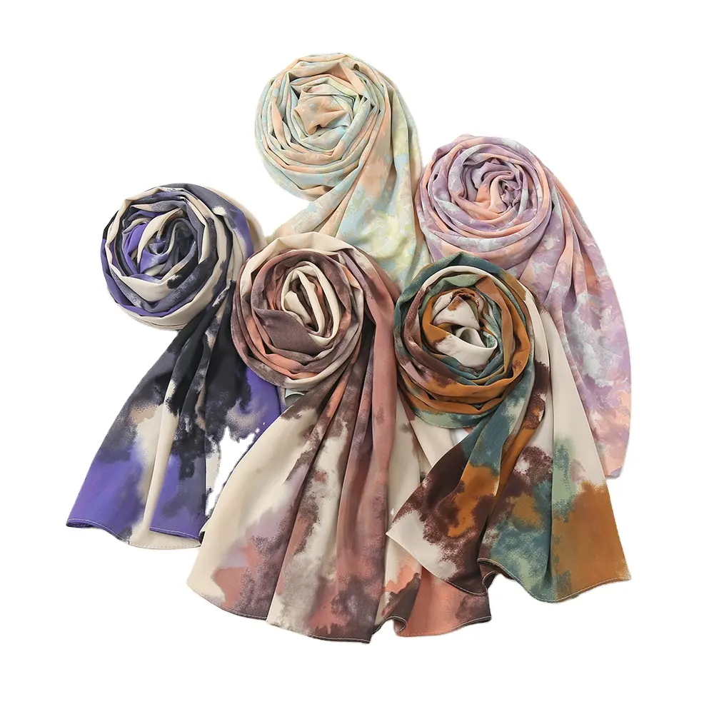 Châle en mousseline de soie de Satin épais Tie-dye de qualité supérieure pour femmes musulmanes, Hijab de dubaï, foulard imprimé, écharpe lourde en mousseline de soie, 2022
