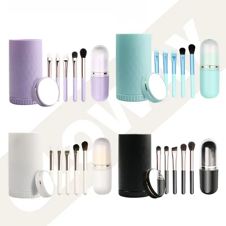Nuovo Mini formato 6 In 1 portatile ombretto per occhi labbra Beauty Brush Kit da viaggio Set di pennelli per il trucco con specchio e supporto In plastica