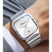 Montre à quartz pour homme 604, style business, boîtier carré en alliage argenté, bracelet en acier inoxydable, chronographe résistant à l'eau, double boucle papillon