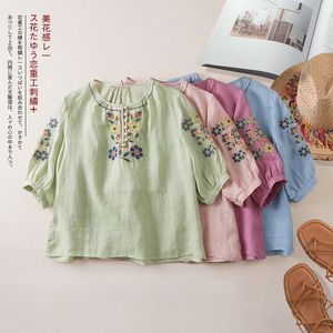 Light Blue Embroidered Cotton <b>Linen</b> <b>Top</b> Women Mid Sleeve Round Neck Button Detail Summer Casual Wear - Product Image 4