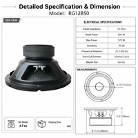 Haut-parleur de graves professionnel LS RG12B50 de 12 pouces, 260 W RMS, impédance 8 ohms, bobine vocale de 2 pouces, panier en aluminium moulé, puissance de programme continue de 520 W