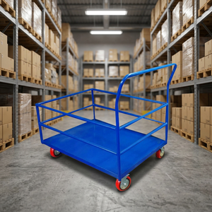 Chariot à plateforme en acier bleu avec quatre roues, structure industrielle durable avec revêtement en poudre - Product Image 2