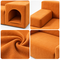 Canapé pour chat compressible en faux daim orange brûlé, avec dossier arqué, coutures passepoilées, siège partagé, idéal pour les siestes relaxantes du propriétaire et de l'animal de compagnie