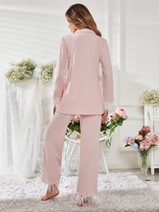 Venta al por mayor Pijamas Mujer Fiesta Fuzzy Detalle <span class=keywords><strong>Pijama</strong></span> Botón Frente Contraste Tubería Pluma Viscosa De Bambú Pijamas - Product Image 6