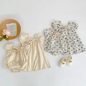 Newborn Clothes Summer Sister Clothes For Infants Girls Baby Small Broken Flower Ribbon Square Neck Short Sleeve Dress