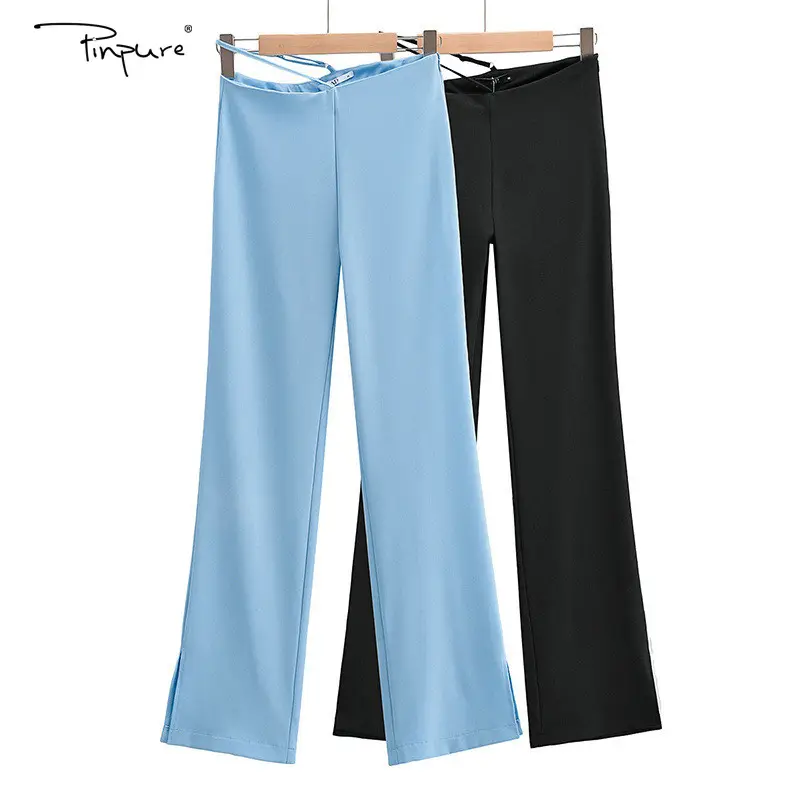 Pantalones de pierna ancha informales para mujer, banda de rayas, ancho, cintura alta, color puro, R40451S, venta al por mayor