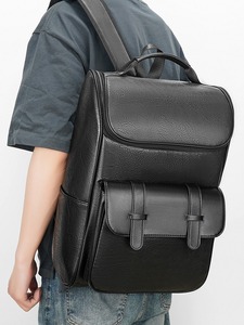 BESTELLA Waterproof Outdoor Soft PU <b>Leather</b> <b>Laptop</b> <b>Backpack</b> Rucksack for College Students Zipper Closure Men Black - Product Image 4