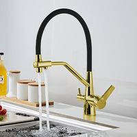 Keran Dapur Modern Satu Gagang Bahan Stainless Steel 304, Finishing Brushed, Inti Katup Keramik, Warna Hitam Emas, Tarik untuk Membuka/Tutup