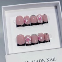 TSZS Faux ongles carrés courts à bec de canard faits à la main, rose vif, entièrement ornés de strass, avec nœud 3D et fleur, réutilisables