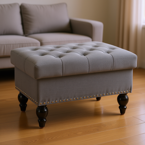 Otomana de Almacenamiento Tapizada en Tela Gris con Botones, Tapa Extraíble y Patas de Madera, Mueble para Sala de Estar, Reposapiés, Modelo D0100XF3DRP - Product Image 2
