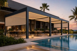 Pérgola Moderna de Aluminio RKOVE con Iluminación LED y Techo Retráctil para Uso en Restaurantes al Aire Libre Junto a la Piscina - Product Image 5