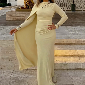 Vestido Maxi Casual de Mujer al por Mayor con Cuello Chal, Diseño Sólido Asimétrico, Manga Larga Ahuecada y Cintura Alta - Product Image 3