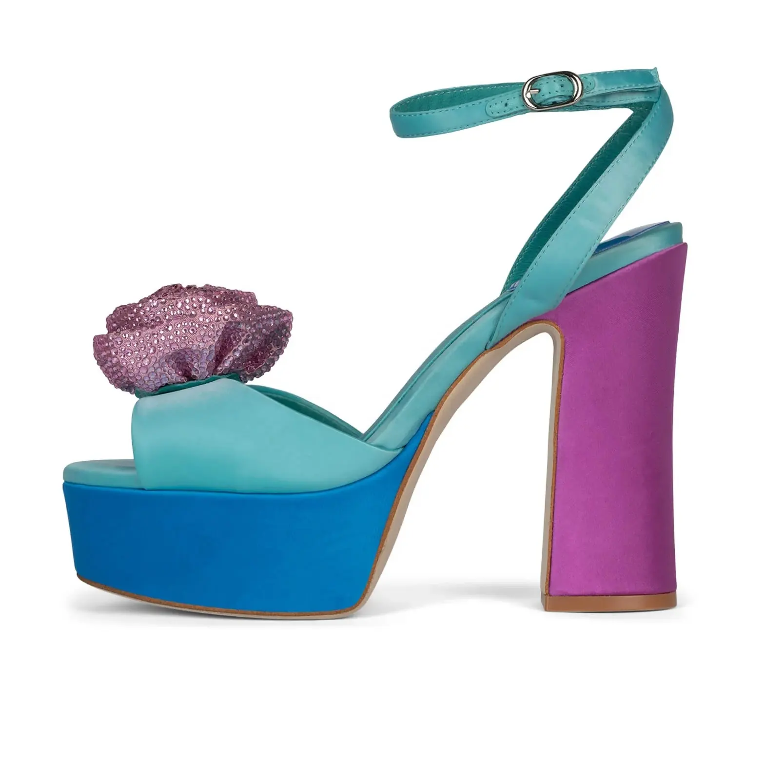 2023 Sexy Crystal Shoes ENMAYER Custom Blue Satin Square Toe Buckle Strap Platform Pumps Luxury Thick Heel Platform Sandals