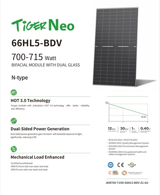 For Jinko for TopCon N-Type Bifacial Dual Glass Solar Panel 700W-720W for Commercial Use