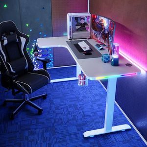 Escritorio para Juegos en Forma de L, Blanco y Negro, con Luces LED RGB, <span class=keywords><strong>Mesa</strong></span> para Computadora, para Silla de Escritorio <span class=keywords><strong>Gamer</strong></span>, Venta al Por Mayor - Product Image 4