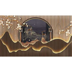 Carta <span class=keywords><strong>da</strong></span> Parati 3D Cinese per Soggiorno e Sala <span class=keywords><strong>da</strong></span> Tè, Decorazione Murale con Griglie in Legno e Paesaggio Montano con Cervi - Product Image 4