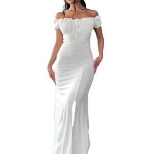 2025 verano Europeo Americano Casual vestido para <span class=keywords><strong>mujer</strong></span> sin tirantes corbata Puff manga Slit Bodycon largo viscosa vestido transfronterizo - Product Image 5