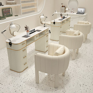 Modern Cream <b>Nail</b> Table Salon Workstation Marble Look Beauty Desk with Storage Drawers and Chair - Product Image 1