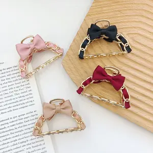 Stylish women alloy chain hair clip with cute bow gold hair claw clip metal clips