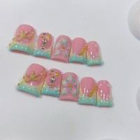 Tips Kuku Bentuk Bebek Buatan Tangan Pink Teal Gradasi Emas Bintang Laut 3D Bunga Daun 10 Pcs Full Coverage Kuku Tempel