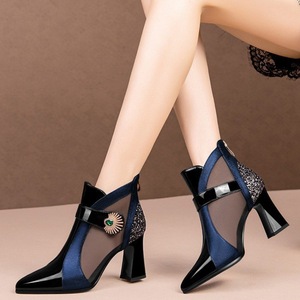 Stivaletti da Donna in Rete con Strass e Gemme, Tacco Largo, Punta Affusolata, Cerniera Posteriore, Scarpe Eleganti con Tacco Alto per Feste - Product Image 5