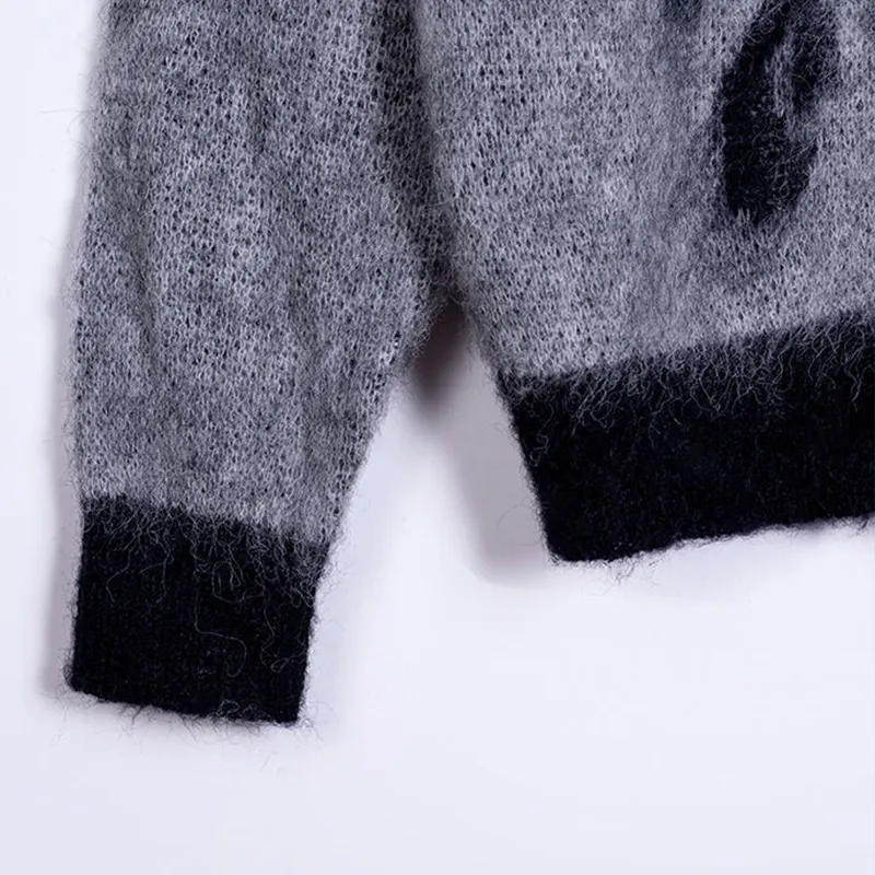 Winter Fuzzy Knit Custom Logo Oem Odm Jacquard Knitwear Long Sleeve Crew Neck Cotton Men Pullover Mohair Sweater
