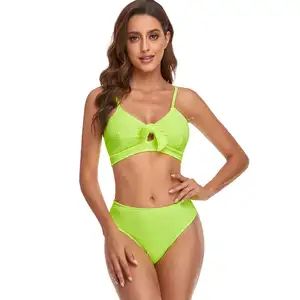 Nouveau maillot de bain Offre Spéciale solide Sexy vague motif Bikini sangle col en v noeud deux pièces maillot de bain