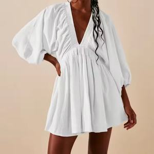 Nouvelle robe d'été pour femmes, design élégant, de haute qualité, sexy, col en V profond, manches longues bouffantes, taille fine, mini robe en lin pour femmes - Product Image 3