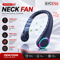 Ventilateur de cou portable rechargeable, grande capacité, sans pales, flux d'air à 360°, 3 vitesses, lumière d'ambiance pour sports de plein air et randonnée