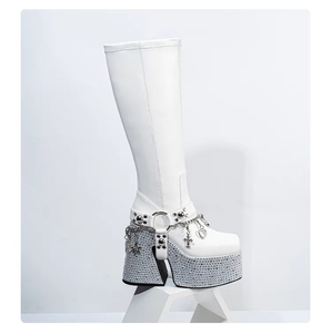 Bottes montantes tendance coréennes pour <span class=keywords><strong>femme</strong></span>, en cuir véritable, à plateforme, antidérapantes, respirantes, avec cristaux - Product Image 1