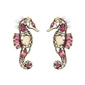 ed00291c Moda Bijouterie Jewelry Fashion Vintage Gold Gem Crystal Cute Hollow Seahorse Shaped Animal Earrings for Women