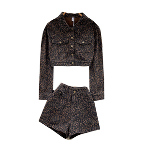Y2K 2 pezzi Set da <span class=keywords><strong>donna</strong></span> Top corto e vita alta Denim leopardo Shorts <span class=keywords><strong>tuta</strong></span> da Jogging all'ingrosso - Product Image 5