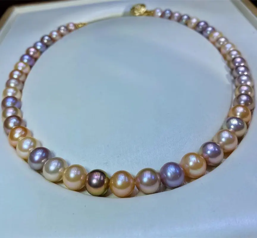 9-10mm Natural Color Freshwater Pearl strand round mixed color Jewelry S925 Pearl Necklace Men Women
