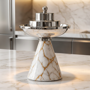 Brûleur à Bakhoor ALABANZA ENTERPRISES en acier inoxydable avec couvercle, design marbre blanc de luxe et veinage doré, pour encens aromatique indien - Product Image 4