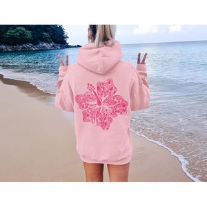 Sweat-shirt à capuche rose à fleurs pour femme, motif hibiscus hawaïen, en tissu tricoté respirant 320 g/m² - Product Image 6