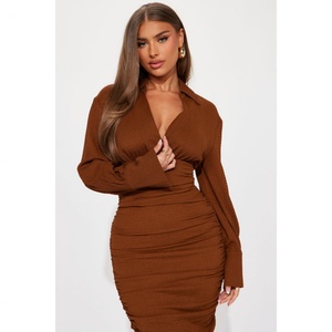 Robe chemise femme de haute qualité, style personnalisé, avec logo texturé, manches longues, dos froncé, fermeture éclair, taille naturelle, lavable - Product Image 3