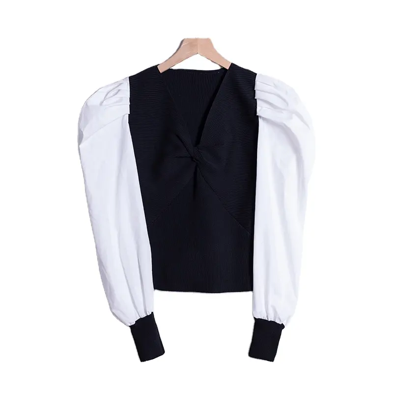 Wholesale 2022 Spring Autumn New fashion women Splicing black white top t-shirt Long Sleeve pullover