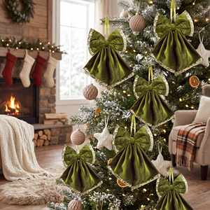 Adornos de Terciopelo Verde Oliva con Pedrería, Lazos Grandes Colgantes con Colas para Decoración Navideña - Product Image 2