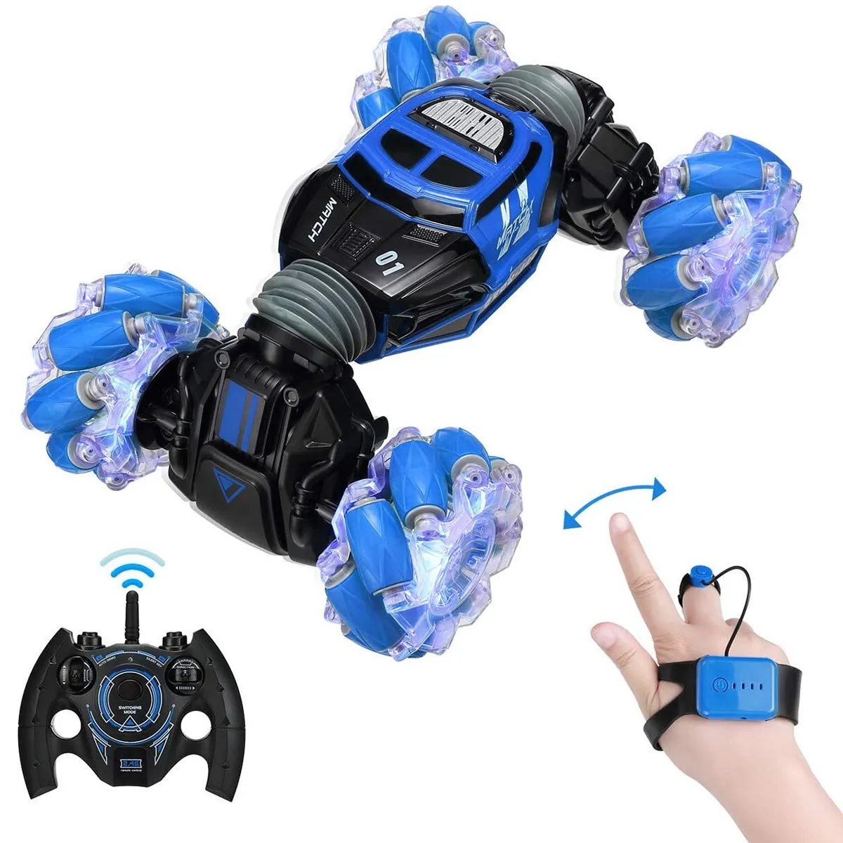 Kids Radio Control Toys Double Side 4WD 2.4GHz Remote Control Gesture Sensor Toy Cars with Lights Music RC Stunt Car