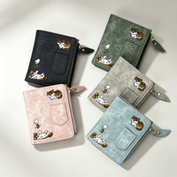Dompet Pendek Bordir Kucing Lucu Baru Tiba Gaya Jeans Dompet Uang Ritsleting Kulit PU Dompet Lipat Dua Wanita Tempat Kartu Multi