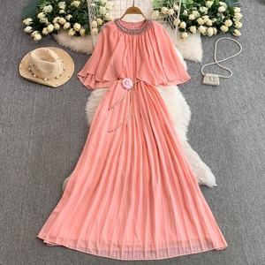 Elegante Vestido de Manga Corta con Chal para Mujer, Diseño de Alta Gama con Cristales, Cintura Ajustable con Cordones, Falda Larga Plisada - Product Image 3