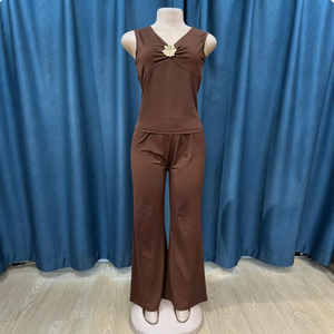 Ensemble de deux pièces pour femmes, nouveau survêtement uni personnalisé 2026, été, sans manches, à volants, chemise à lacets, pantalon long ajusté - Product Image 3