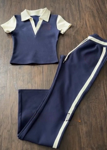 Set Primaverile 2026 Casual da Donna, Camicia <span class=keywords><strong>POLO</strong></span> con Colletto e <span class=keywords><strong>Pantaloni</strong></span> Blu Navy, 2 Pezzi in Cotone Lavorato a Maglia, Abbigliamento Loungewear - Product Image 4